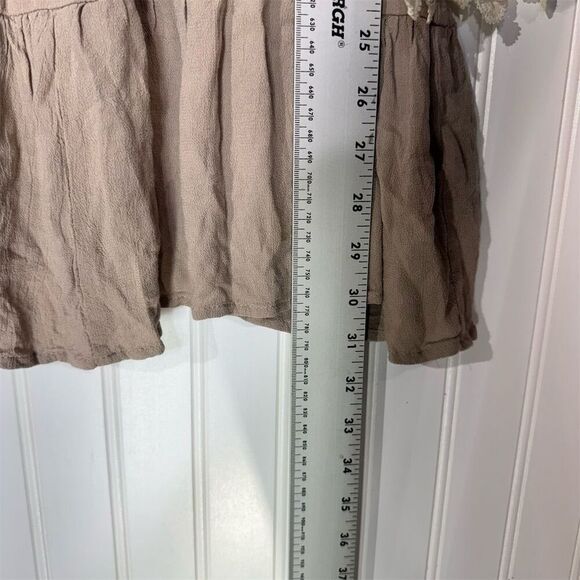 Kori America L Boho Taupe Mini Dress Crochet Bell Sleeve Babydoll Lagenlook - Picture 6 of 9